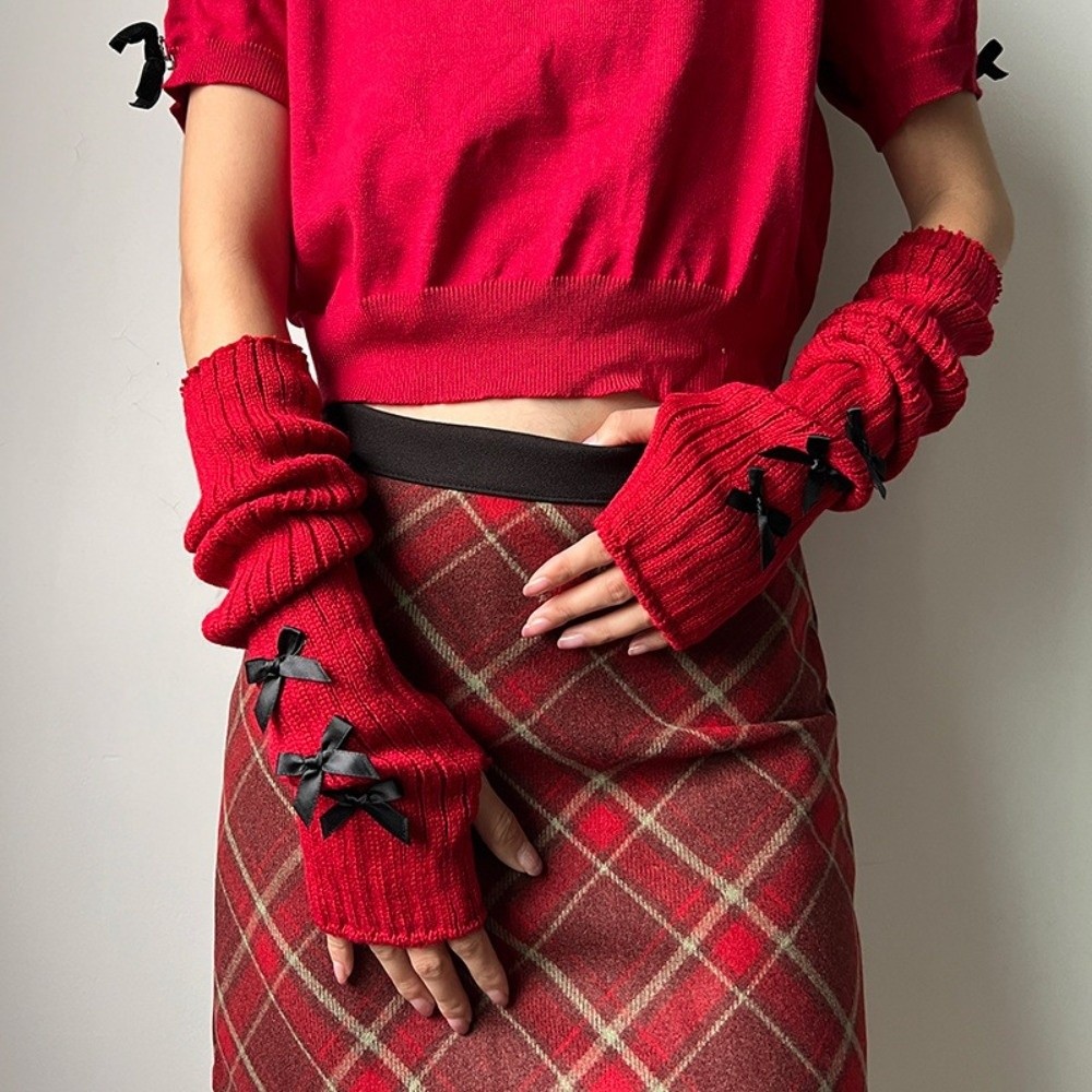 Preppy Slouchy Bow Knitted Arm - Fingerless Glove Knit ulasan dan harga