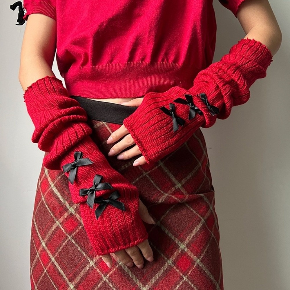 Preppy Slouchy Bow Knitted Arm - Fingerless Glove Knit ulasan dan harga