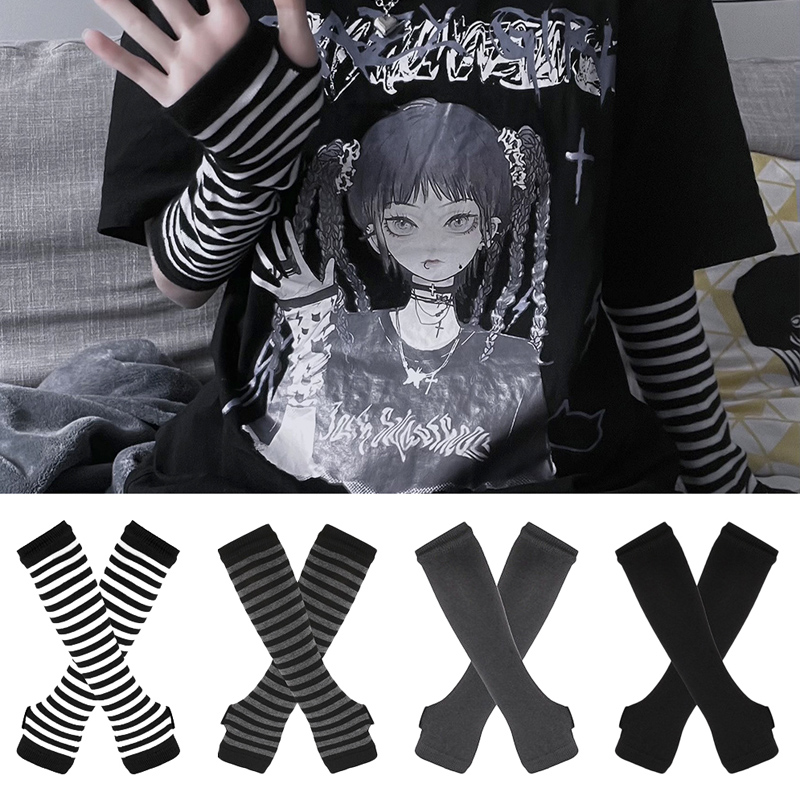 Women Long Sleeve Gothic Strip - Fingerless Glove Knit ulasan dan harga